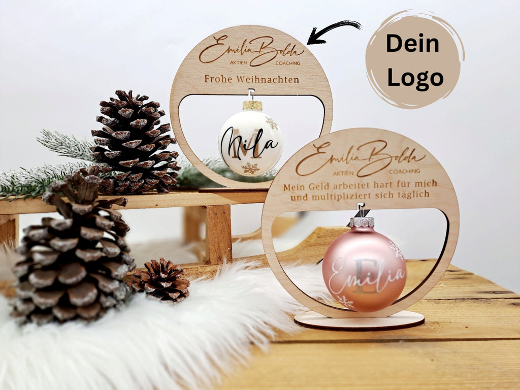 Personalisiertes Mitarbeitergeschenk Weihnachten – Kugelhalter mit Logo