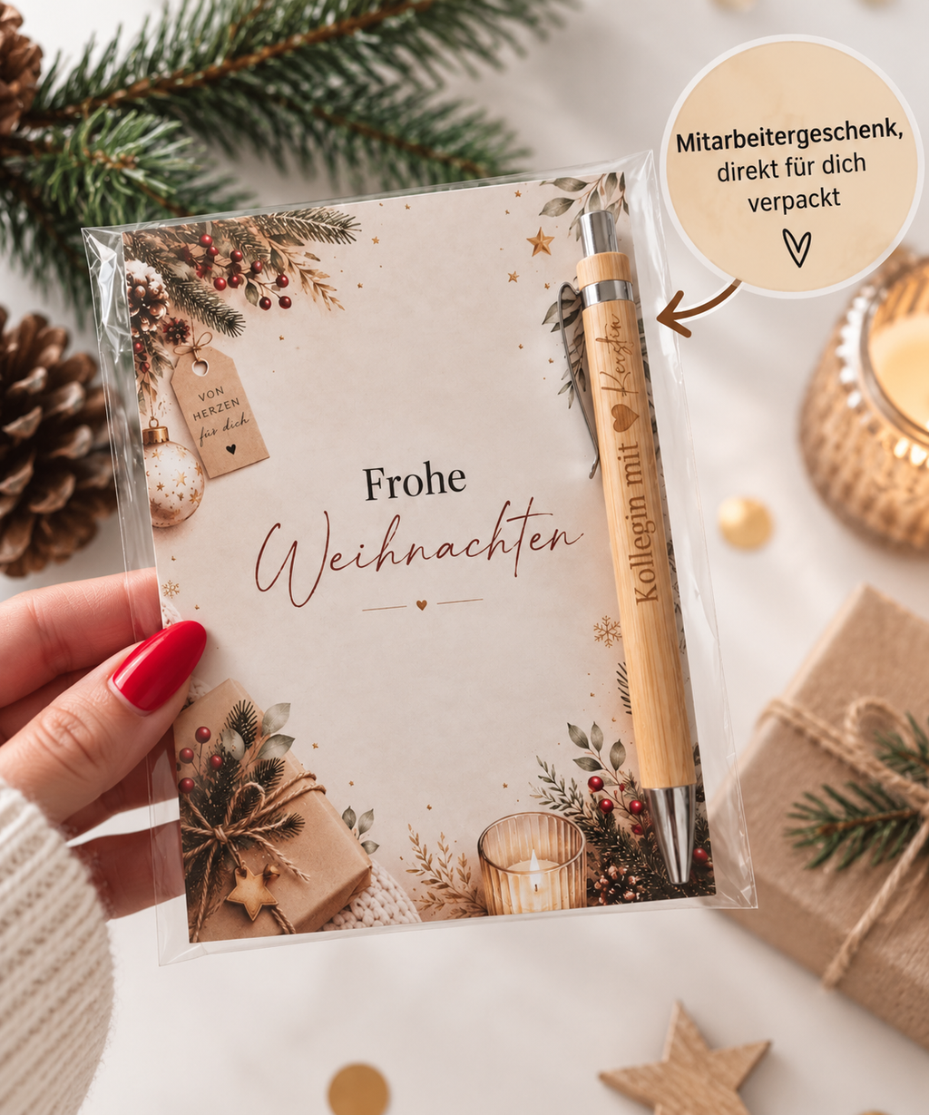 Mitarbeitergeschenk Weihnachten A6-Karte mit Kuli