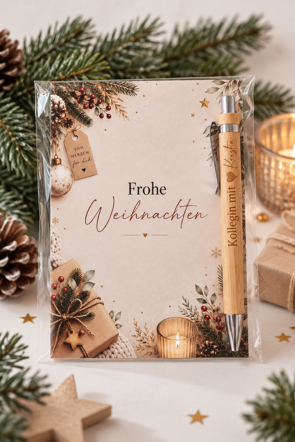 Weihnachtskarte mit Tannenzweigen und optionalem Kugelschreiber