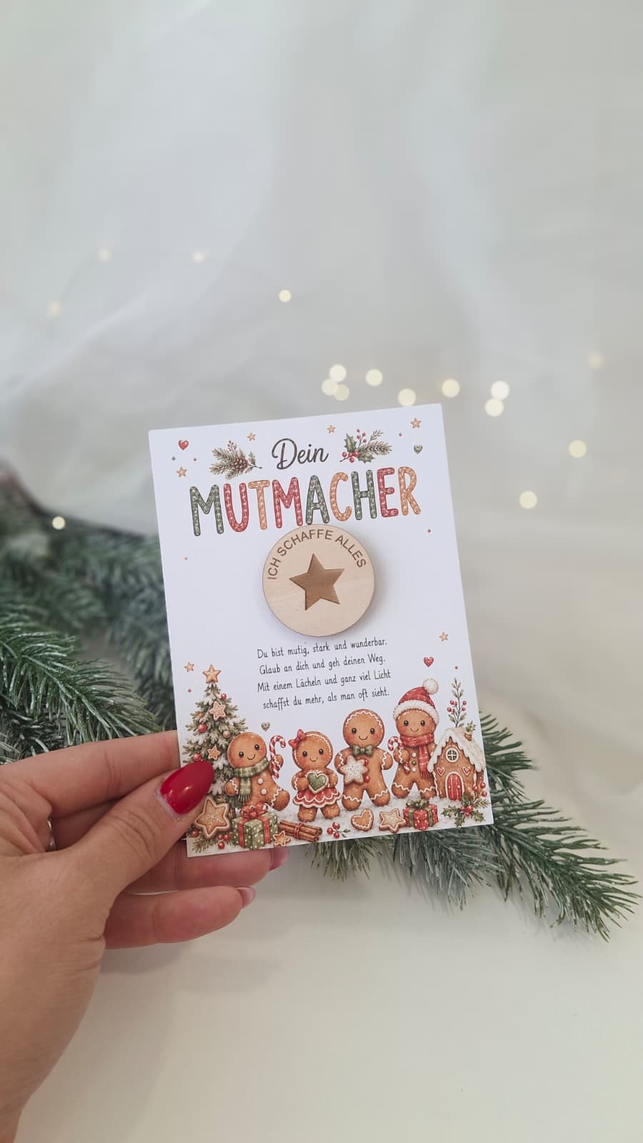 Mutmacher-Karte „Ich schaffe alles“ mit Stern-Holzchip für den Kinder-Adventskalender