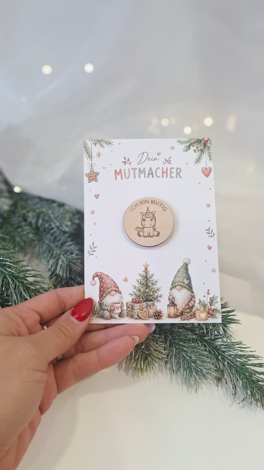 Mutmacher-Karte für Kinder mit Einhorn-Holzchip und Spruch Ich bin mutig