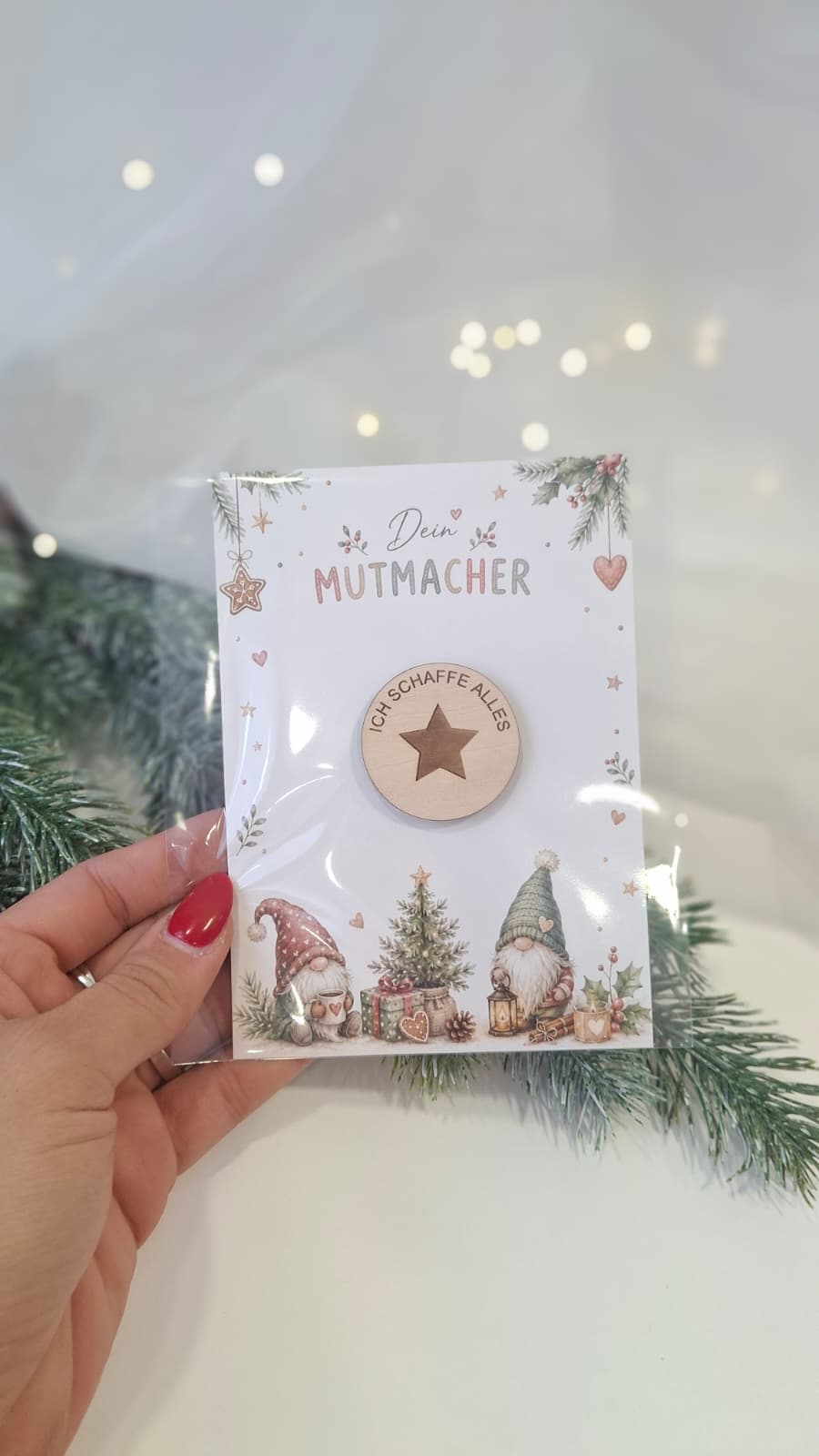 Verpackte Mutmacher-Karte für Kinder mit Stern-Holzchip Ich schaffe alles