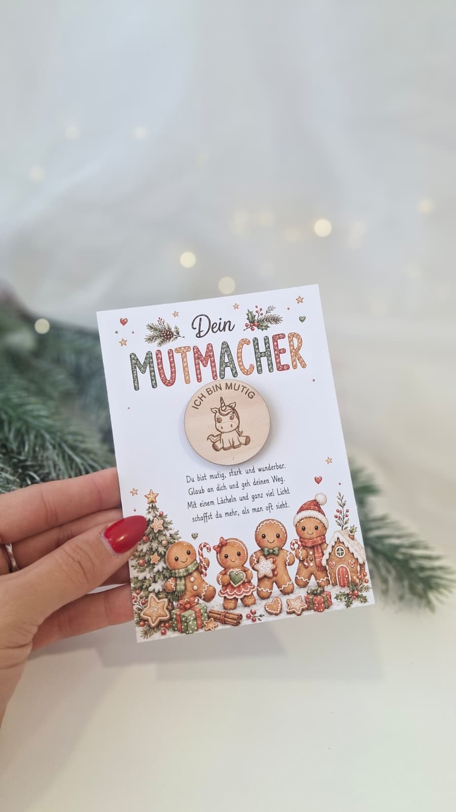Mutmacher-Karte mit graviertem Tier-Holzchip als Adventskalender-Kleinigkeit für Kinder