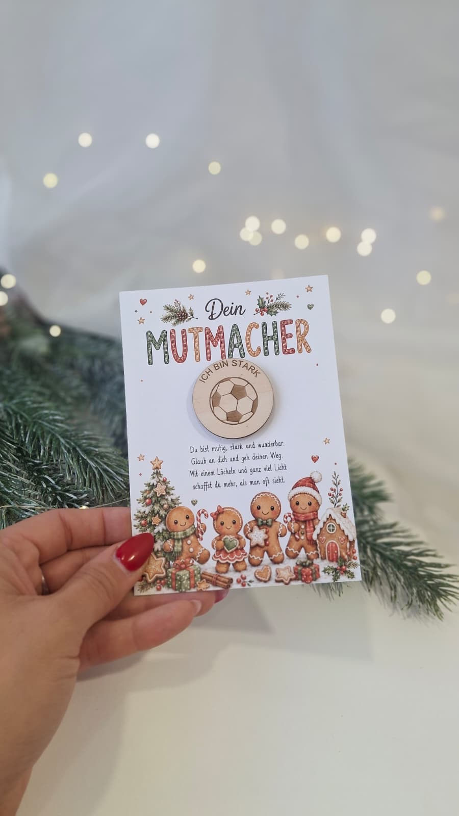Mutmacher-Karte mit Fußball-Holzchip als Adventskalender-Kleinigkeit für Kinder