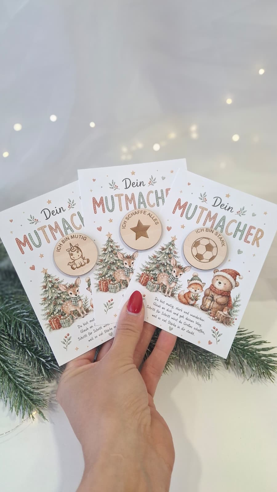 Drei Mutmacher-Karten mit Holzchip als Adventskalender-Kleinigkeit