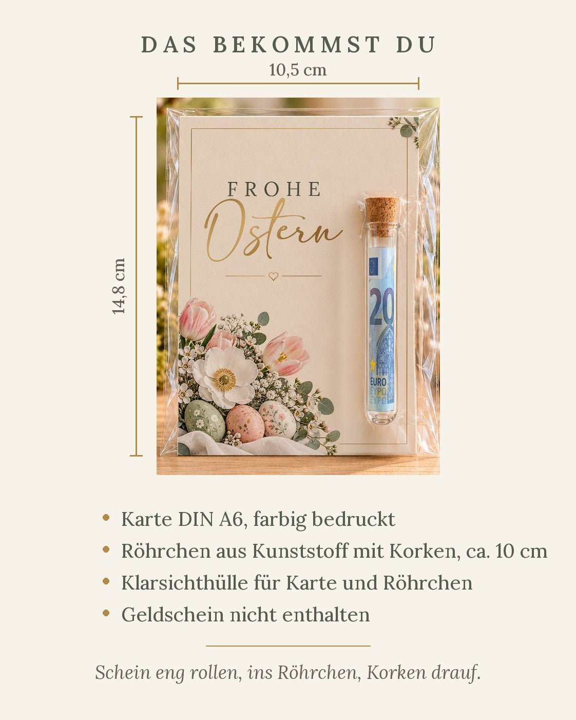 Lieferumfang der Osterkarte: Karte DIN A6, Röhrchen aus Kunststoff mit Korken, ca. 10 cm, und Klarsichthülle