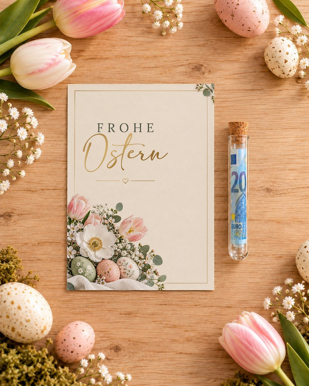 Osterkarte Blumen und Ostereier von oben mit Röhrchen und 20-Euro-Schein auf dem Tisch