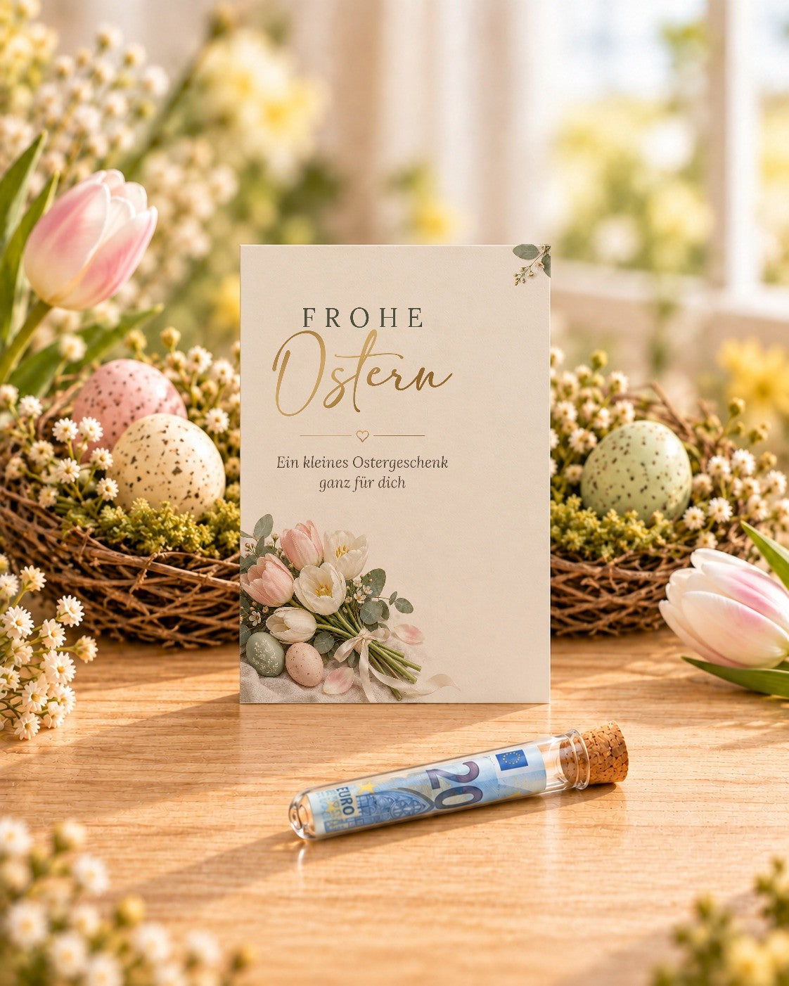 Osterkarte Tulpen im Osternest, davor das Röhrchen mit gerolltem Geldschein