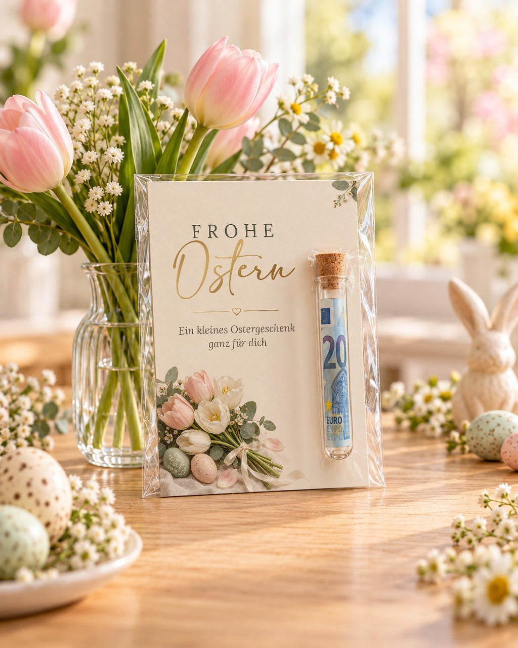 Osterkarte mit Röhrchen und 20-Euro-Schein in der Klarsichthülle vor Tulpen, Motiv Tulpen