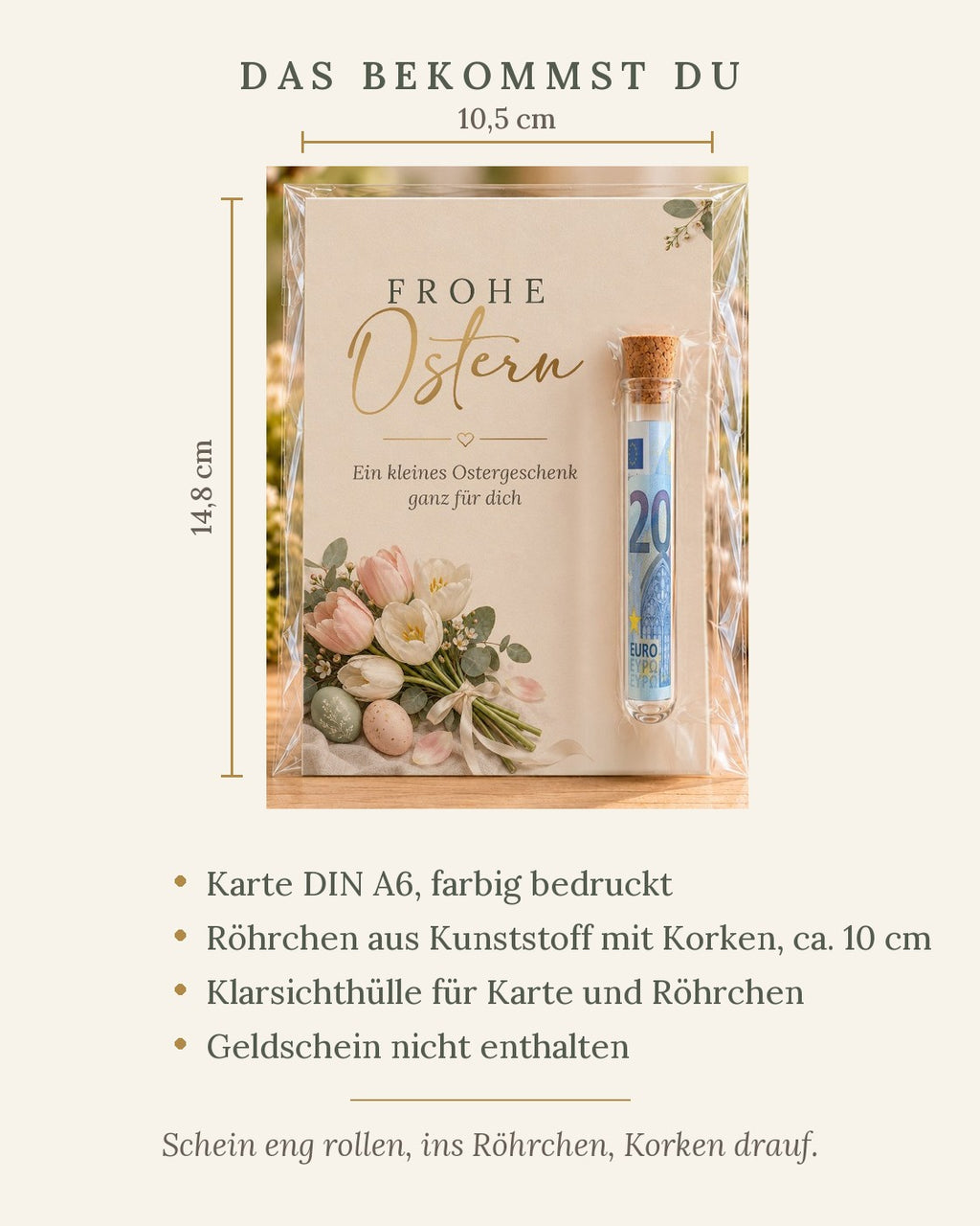 Lieferumfang der Osterkarte: Karte DIN A6, Röhrchen aus Kunststoff mit Korken, ca. 10 cm, und Klarsichthülle