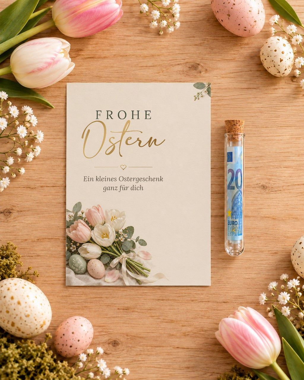 Osterkarte Tulpen von oben mit Röhrchen und 20-Euro-Schein auf dem Tisch