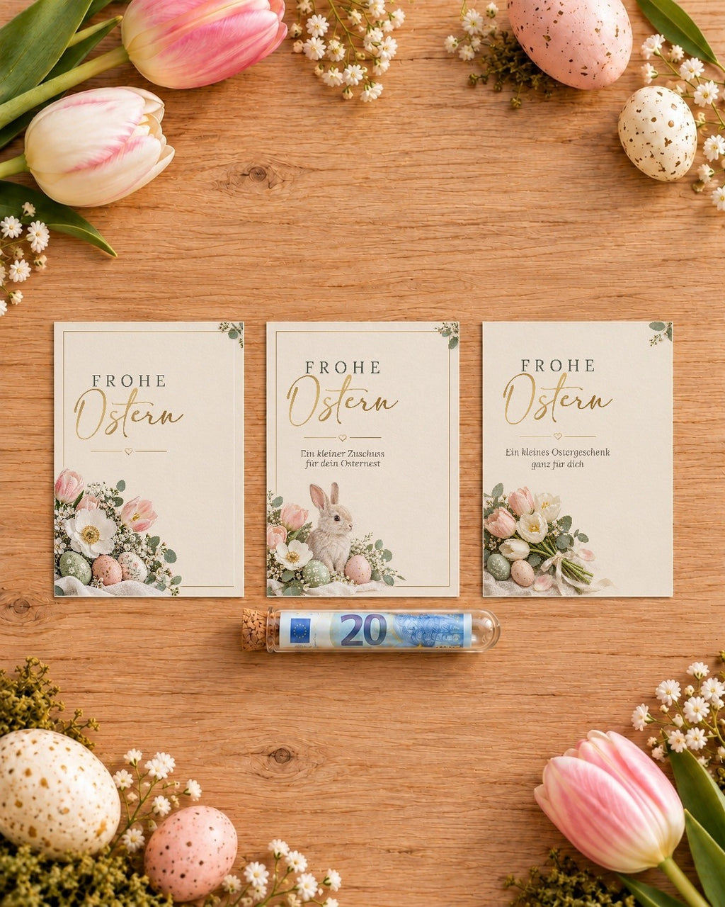 Die drei Motive der Osterkarte für Geldgeschenke: Blumen und Ostereier, Häschen und Tulpen