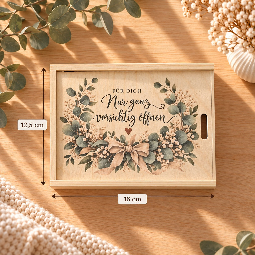 Paten fragen Box aus Holz von oben, Maße 16 × 12,5 cm