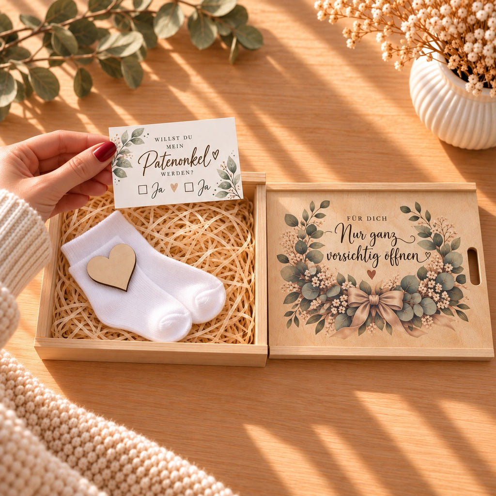 Hand hält die Karte Willst du mein Patenonkel werden über der offenen Holzbox mit Babysöckchen