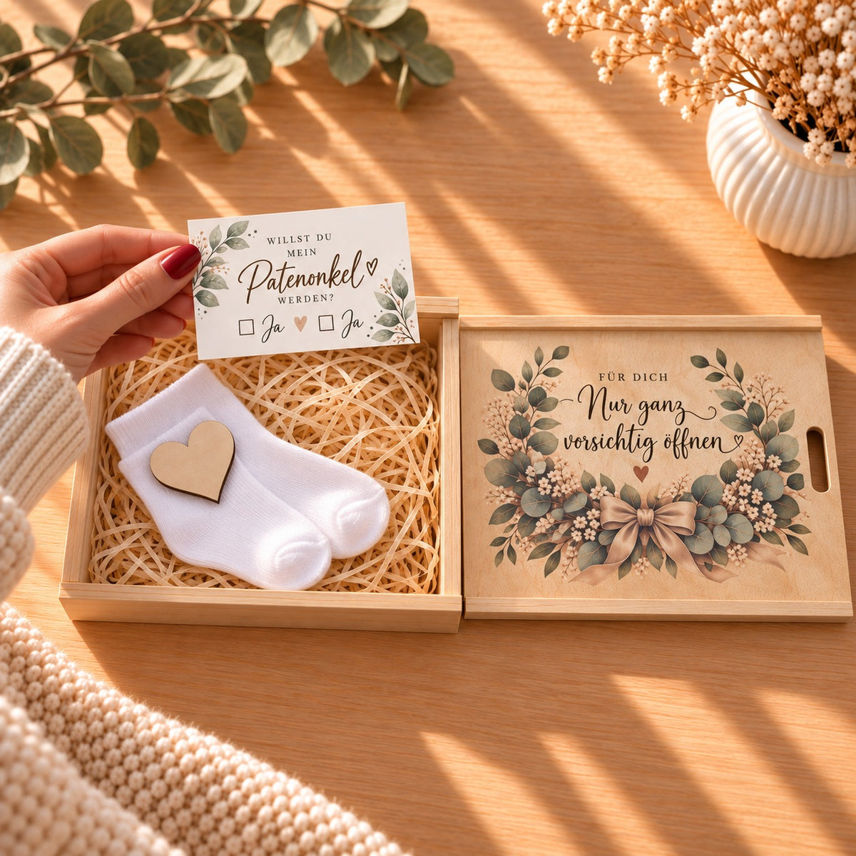 Hand hält die Karte Willst du mein Patenonkel werden über der offenen Holzbox mit Babysöckchen