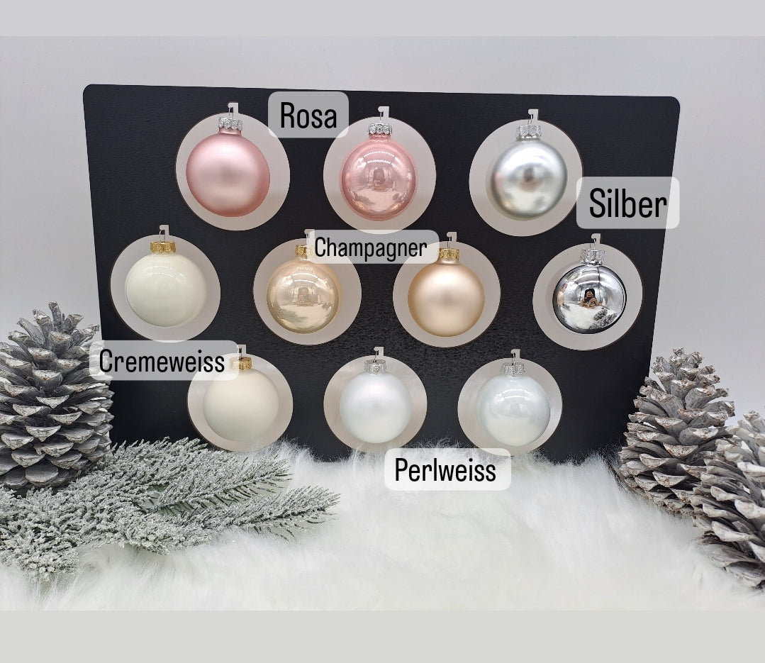 Farbübersicht für Weihnachtskugeln in Rosa, Silber, Champagner, Cremeweiß und Perlweiß