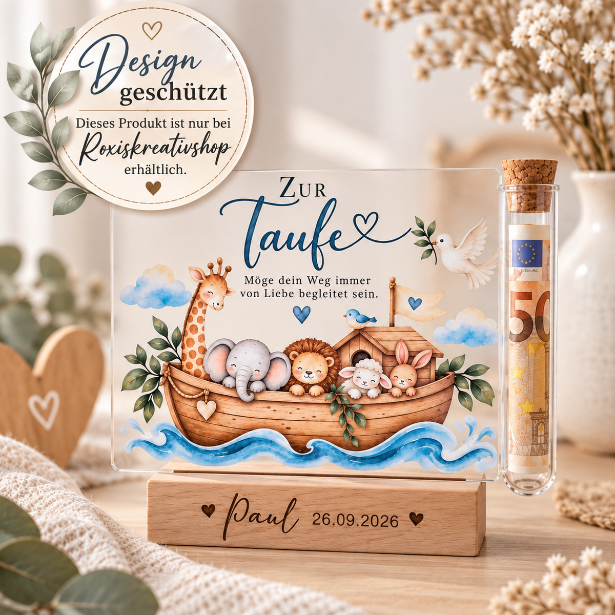 Taufgeschenk Acryl-Aufsteller auf Holzsockel