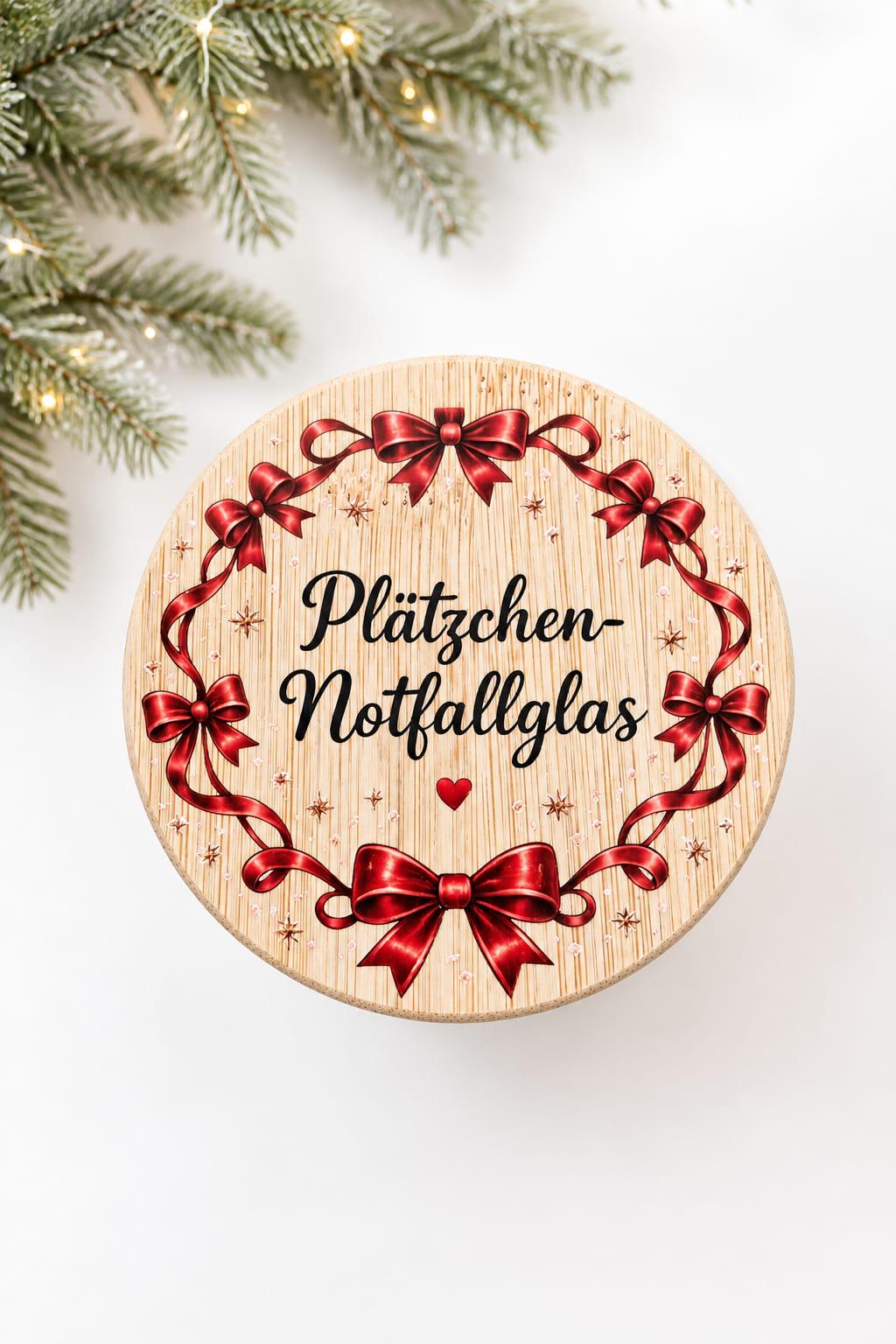 Holzdeckel mit Schriftzug Plätzchen-Notfallglas und roten Schleifen