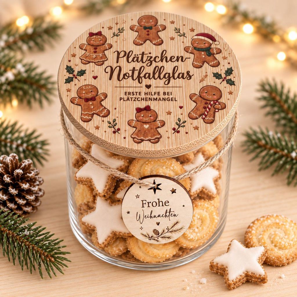 Plätzchen-Notfallglas mit Lebkuchenmotiv und rundem Anhänger