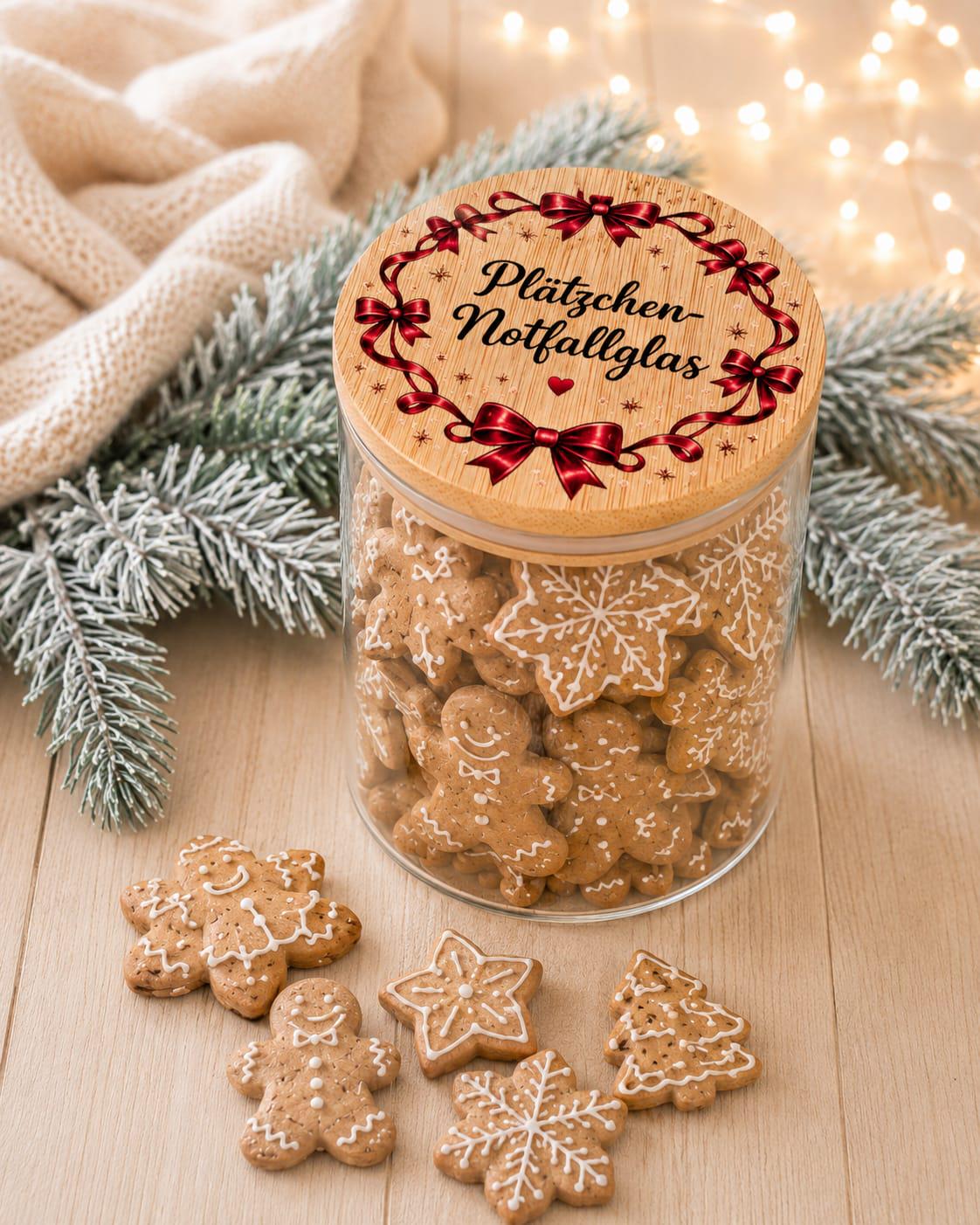 Plätzchen-Notfallglas mit roten Schleifen, 500 ml, gefüllt mit Lebkuchen