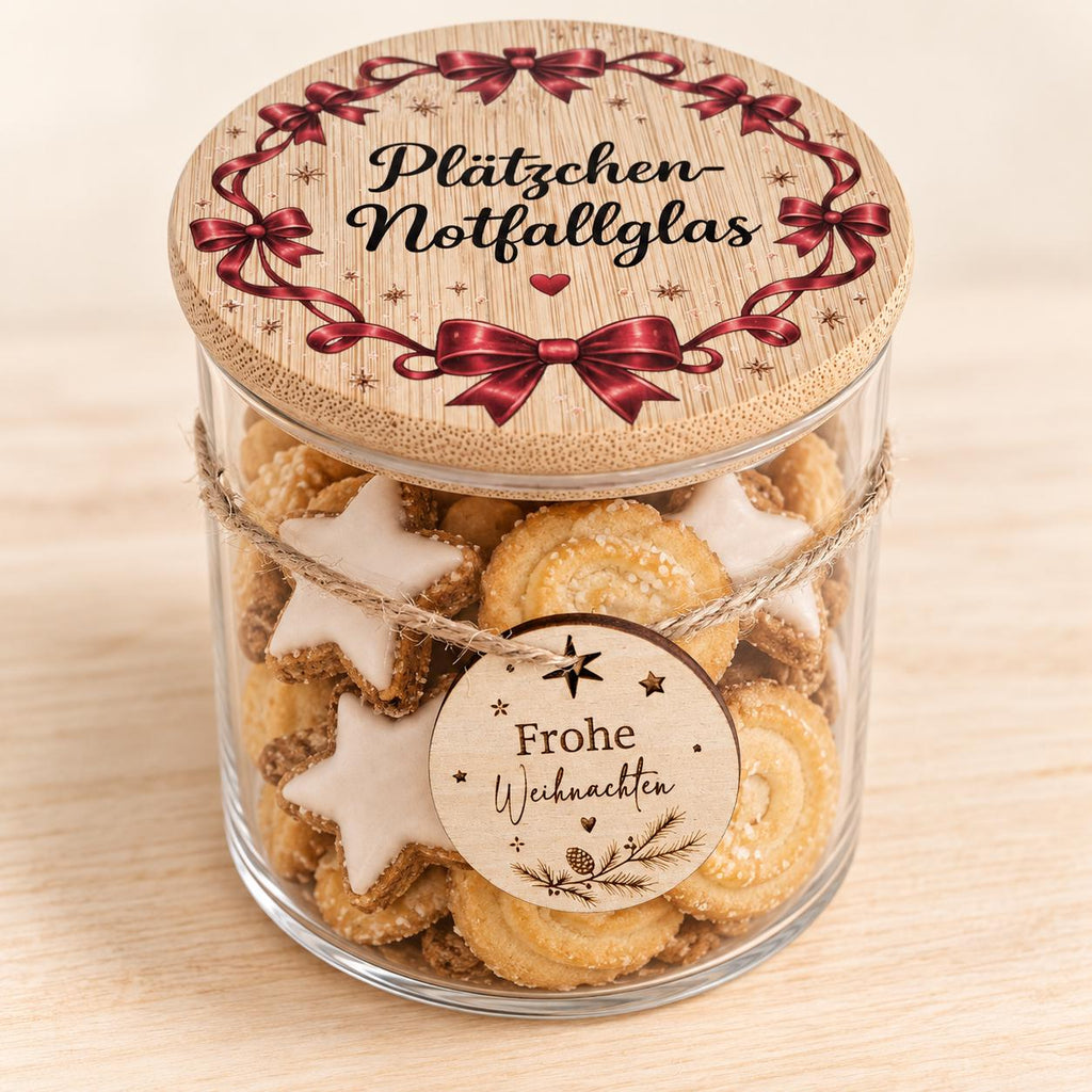 Plätzchen-Notfallglas mit roten Schleifen und rundem Anhänger Frohe Weihnachten