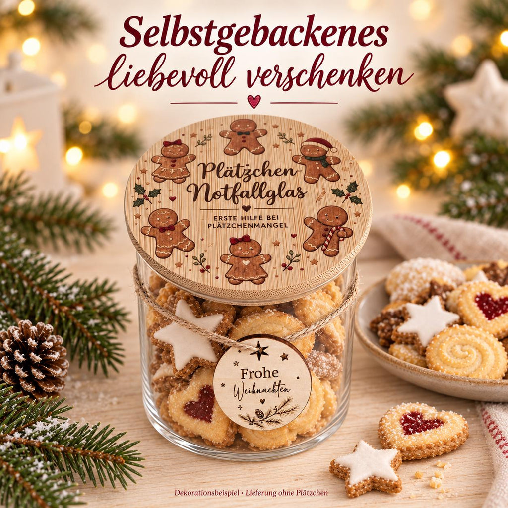 Selbstgebackene Plätzchen liebevoll verschenken im Glas mit Lebkuchenmotiv