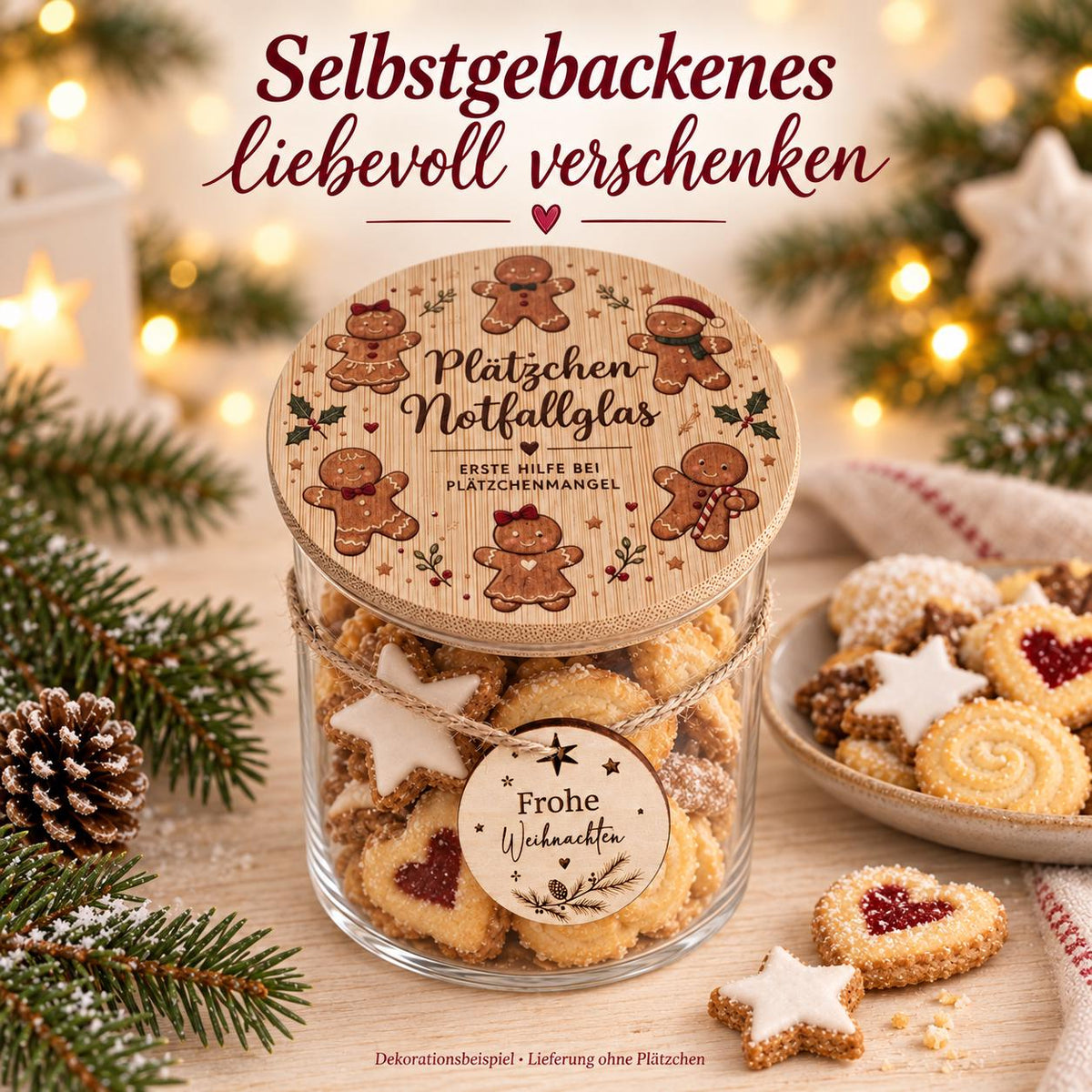 Selbstgebackene Plätzchen liebevoll verschenken im Glas mit Lebkuchenmotiv
