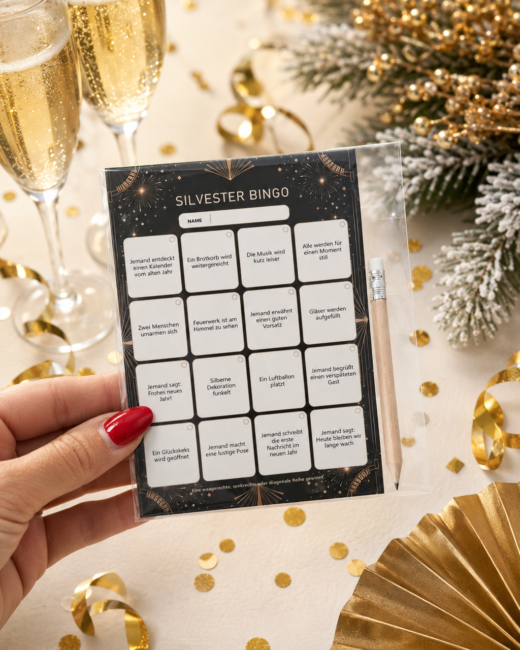 Verpackte Silvester-Bingo-Karte mit Ereignisfeldern und weißem Bleistift