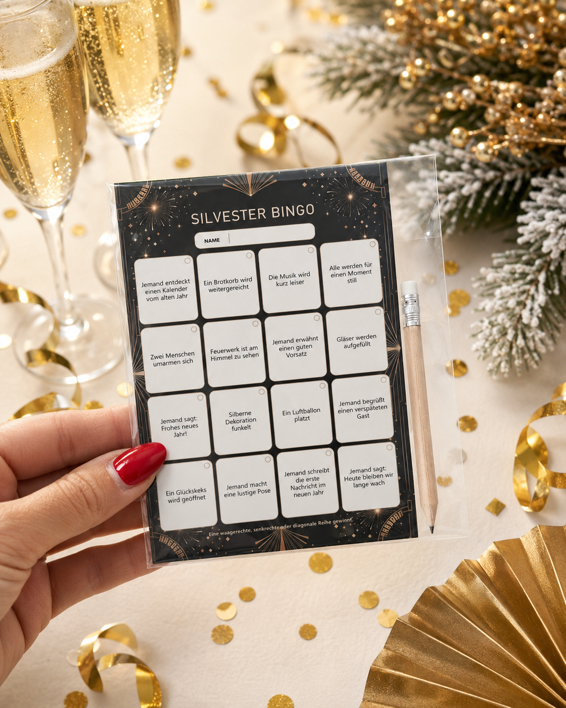 Verpackte Silvester-Bingo-Karte mit Ereignisfeldern und weißem Bleistift