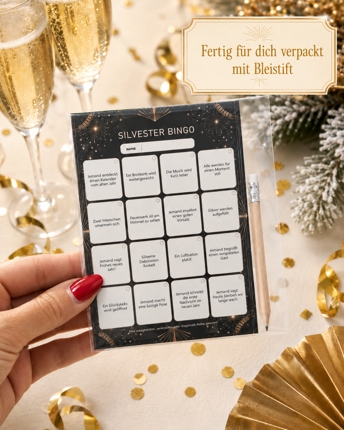 Fertig verpacktes Silvester-Bingo im DIN-A6-Format mit weißem Bleistift