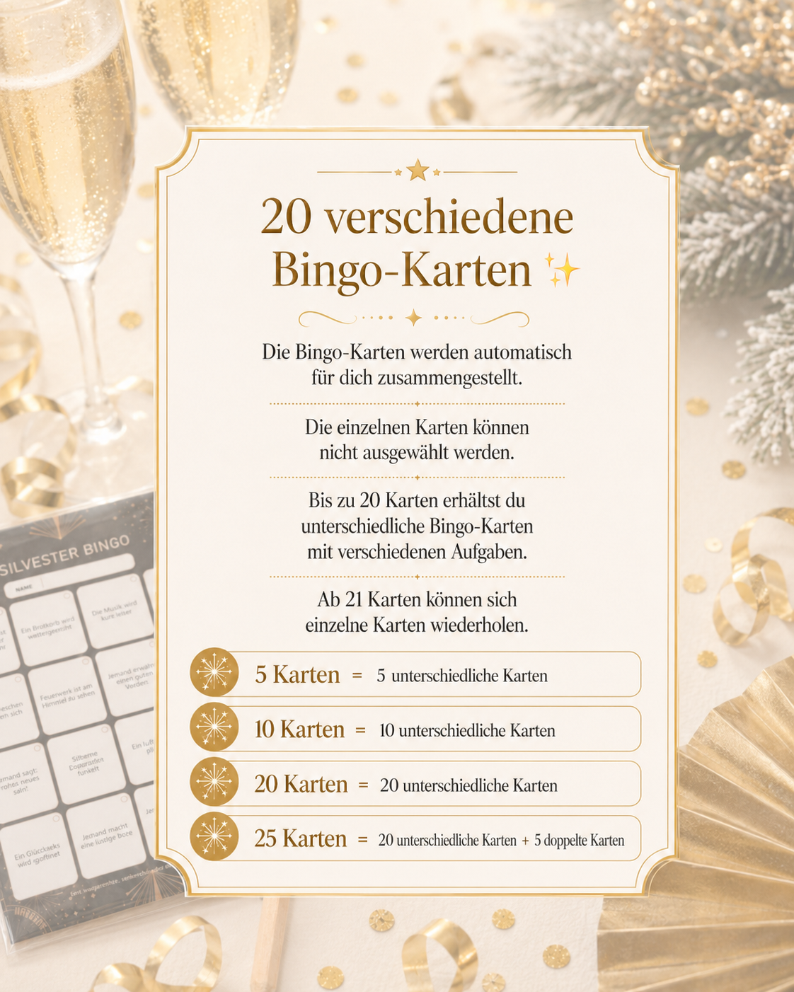 Hinweisgrafik zu 20 verschiedenen Silvester-Bingo-Karten und automatischer Zusammenstellung