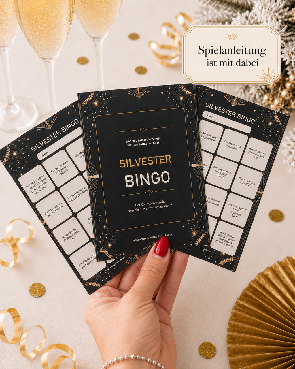 Silvester-Bingo-Karten mit Hinweis auf beiliegende Spielanleitung