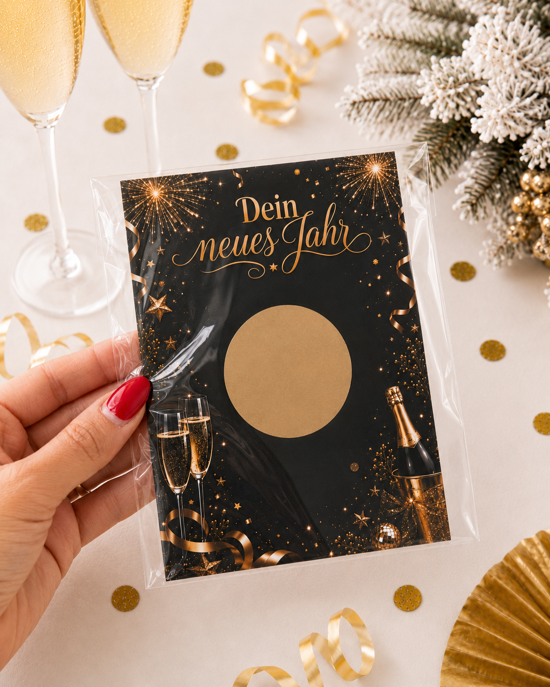 Verpacktes Silvester-Rubbellos Dein neues Jahr mit großem goldenem Rubbelfeld