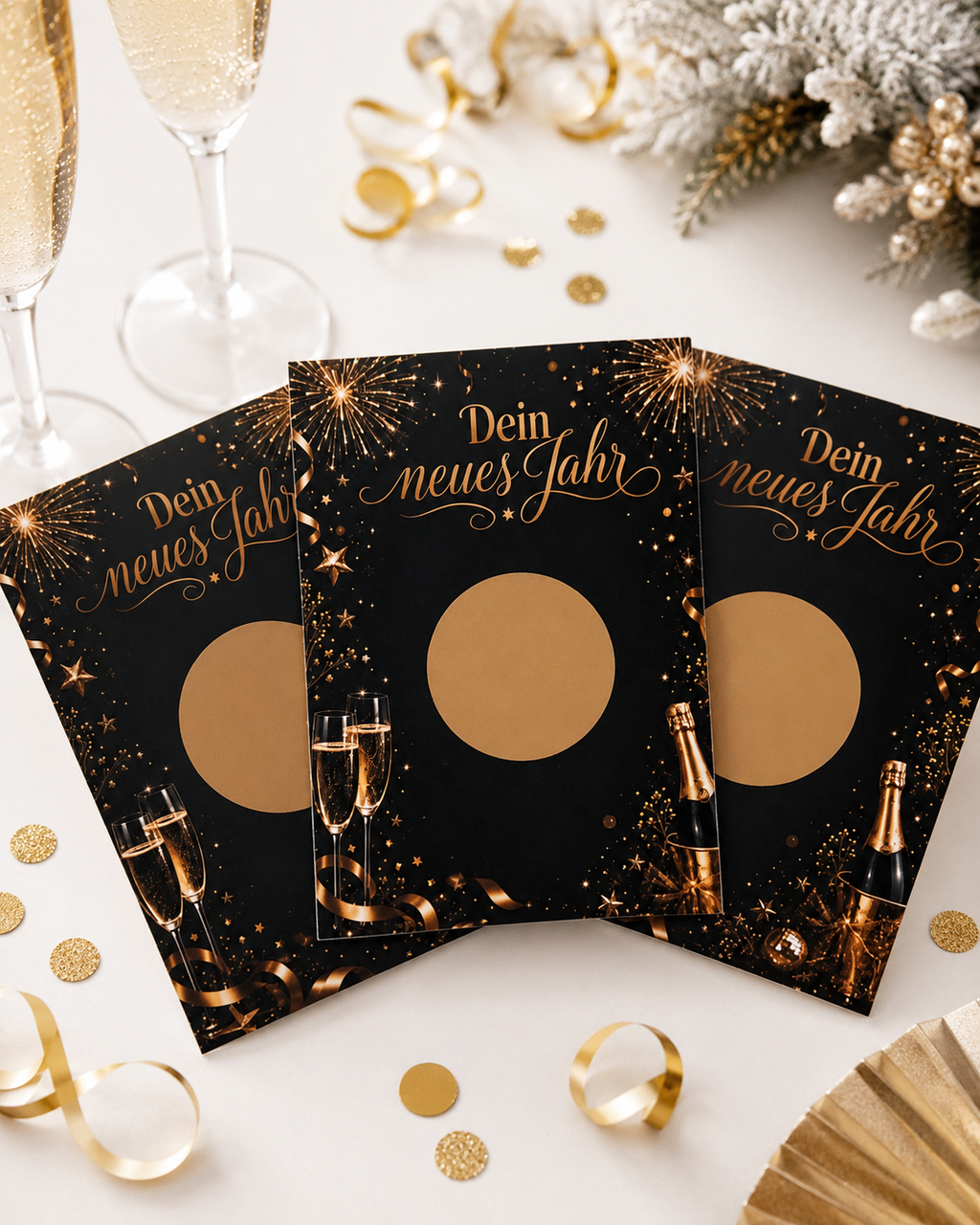 Drei Silvester-Rubbellose mit schwarzen Karten und goldenen Neujahrs-Rubbelfeldern