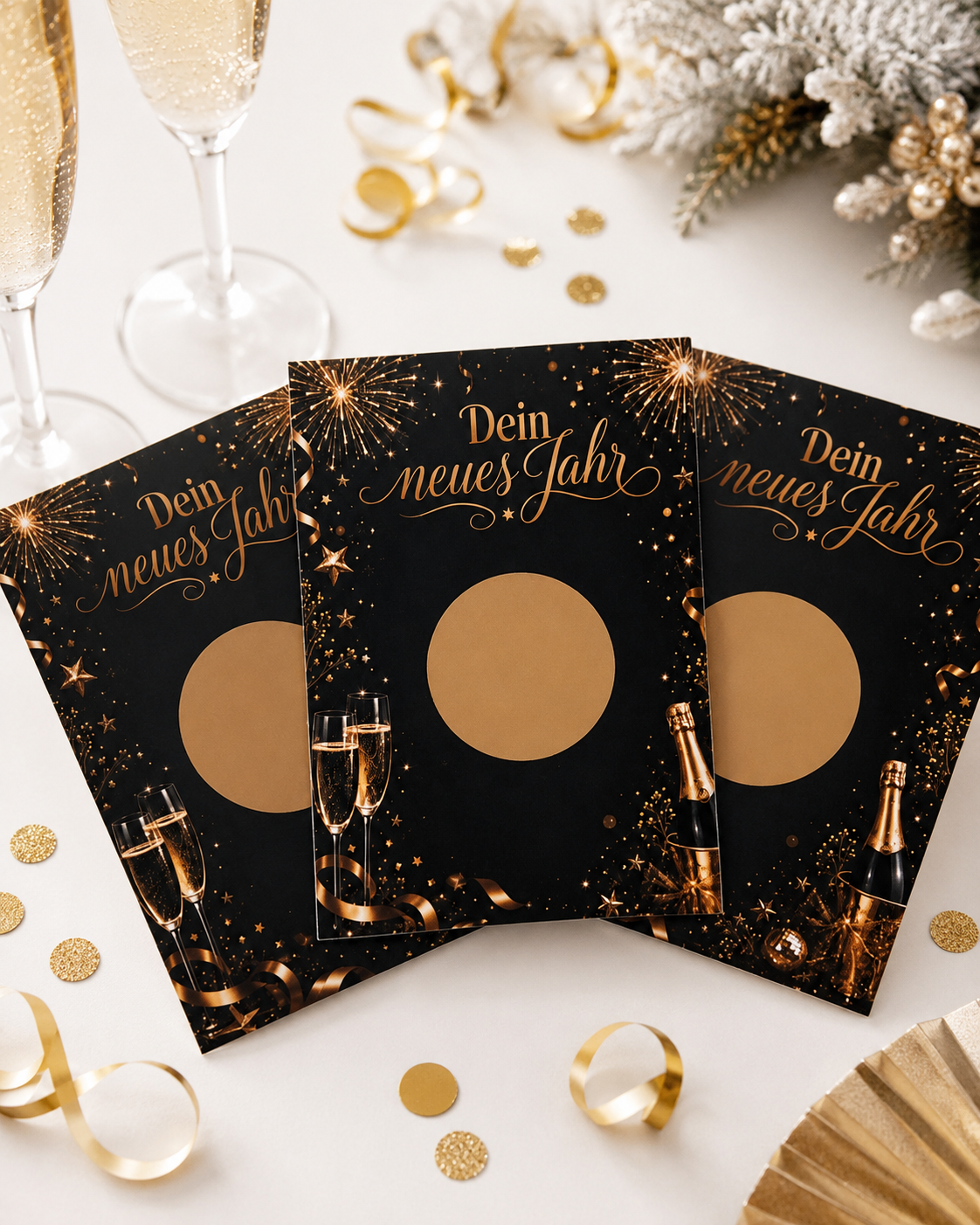 Drei Silvester-Rubbellose mit schwarzen Karten und goldenen Neujahrs-Rubbelfeldern
