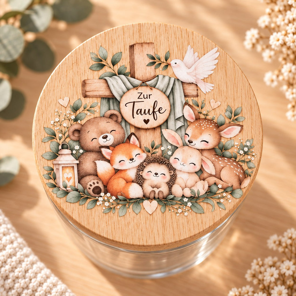 Taufgeschenk Glas: Holzdeckel mit Waldtier Motiv und Schild Zur Taufe