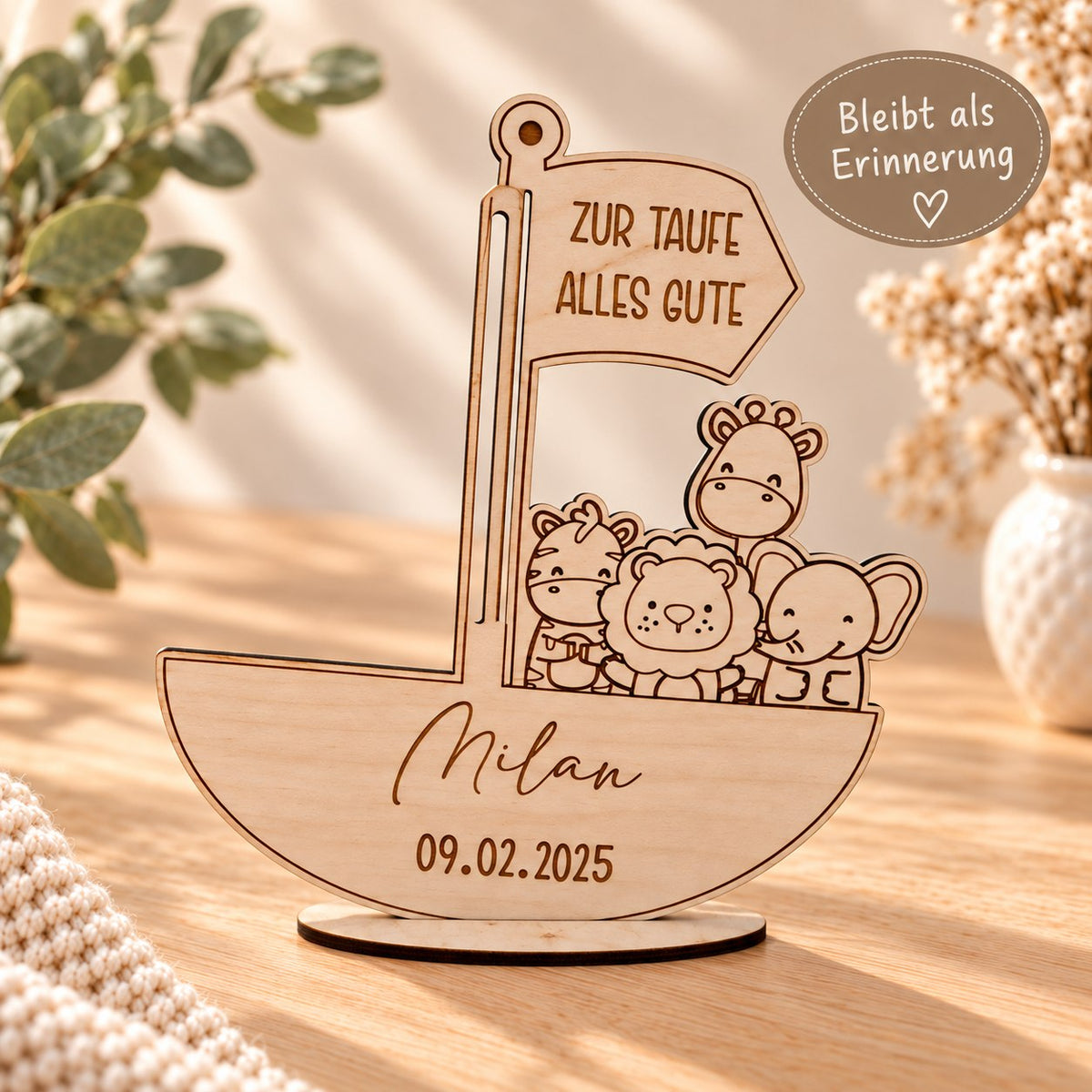 Taufgeschenk aus Holz als Erinnerung: Arche Noah mit Fahne Zur Taufe Alles Gute