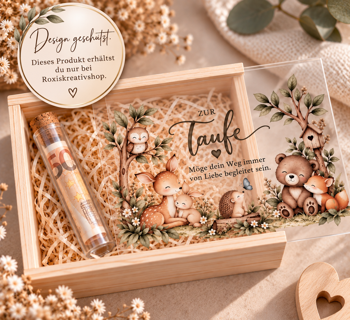 Taufgeschenk Holzkiste Waldtiere mit Glasröhrchen