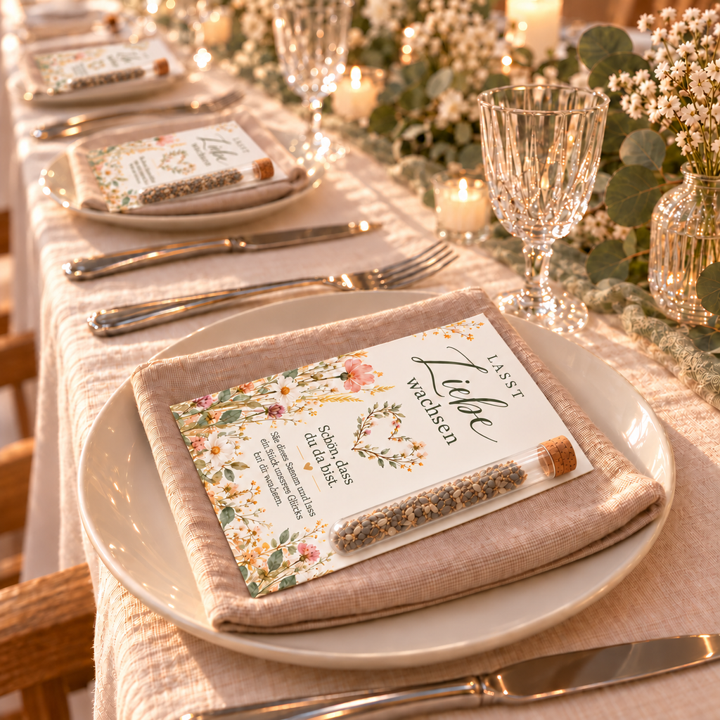Tischdeko zur Hochzeit: Gastgeschenk mit Wildblumen auf dem Teller