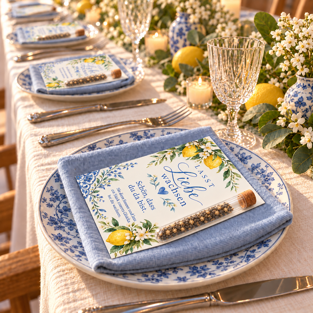 Tischdeko zur Hochzeit: Gastgeschenk mit Zitronen auf dem Teller