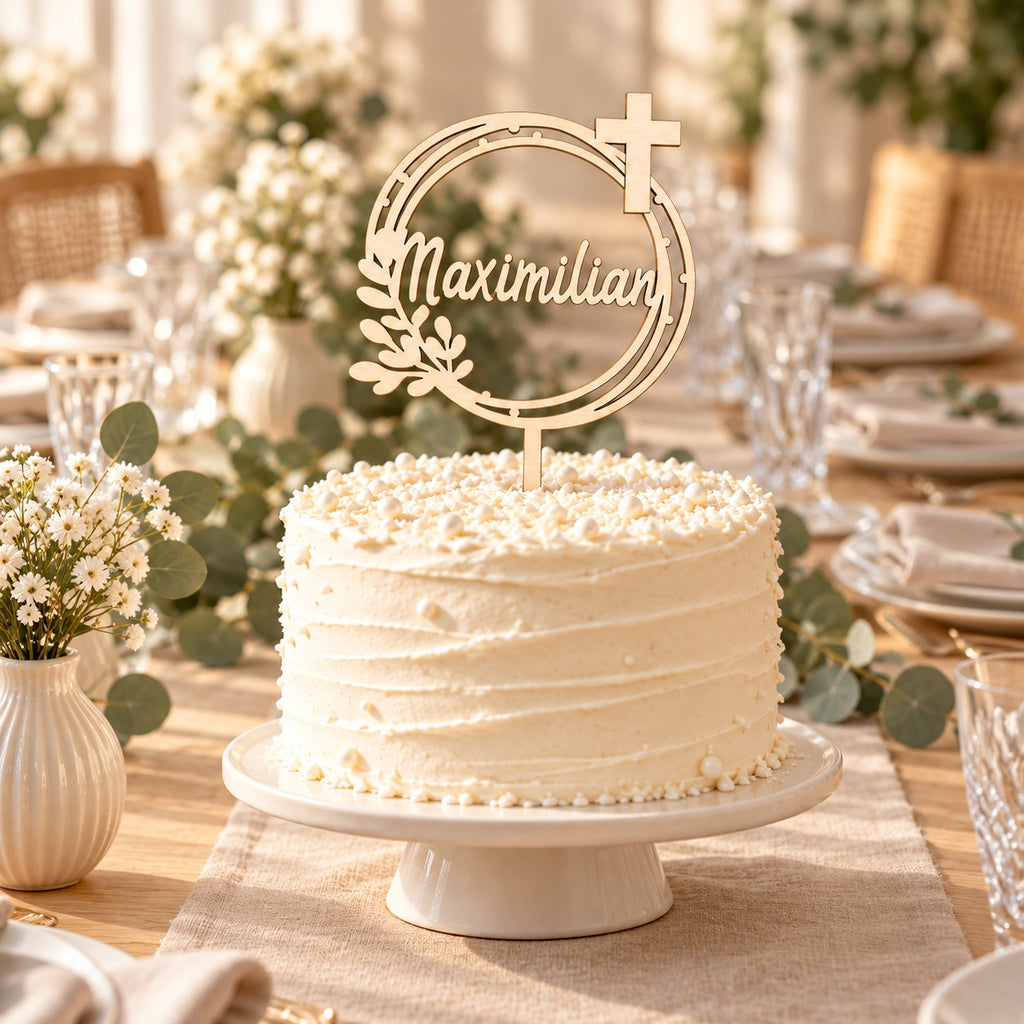 Tortendeko zur Konfirmation: Konfirmationstorte mit Caketopper auf der Festtafel