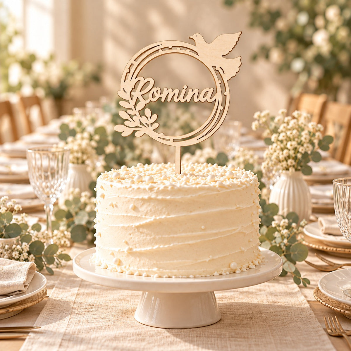 Tortendeko zur Taufe: Tauftorte mit Caketopper auf der festlich gedeckten Tafel