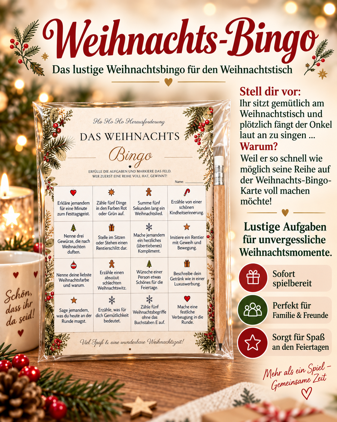 Weihnachtsbingo Karten in transparenter Hülle