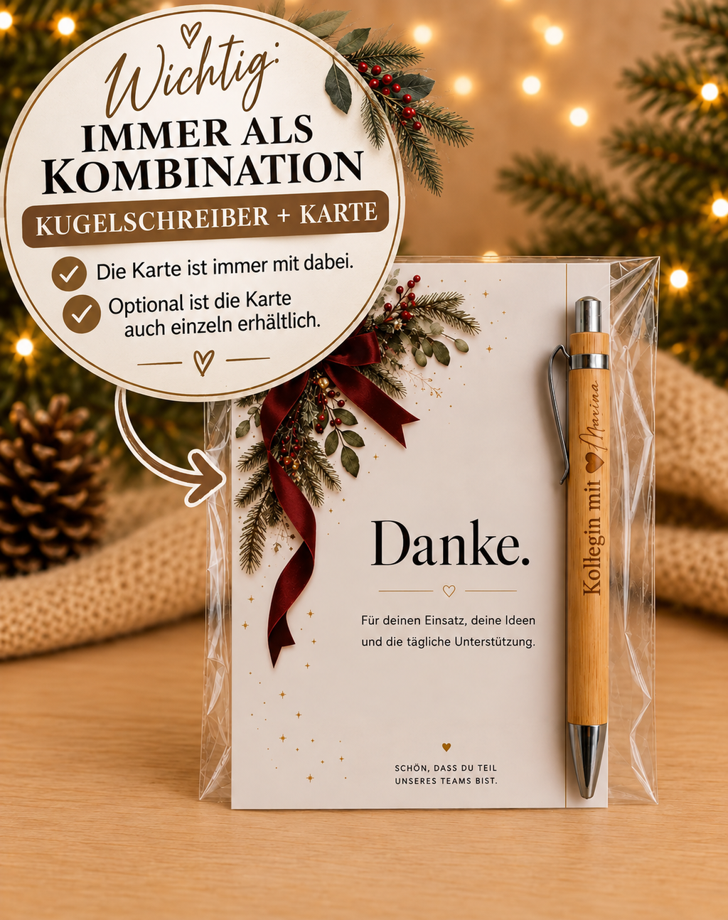 Weihnachtskarte „Danke.“ mit Kugelschreiber im Set, Karte auch einzeln erhältlich