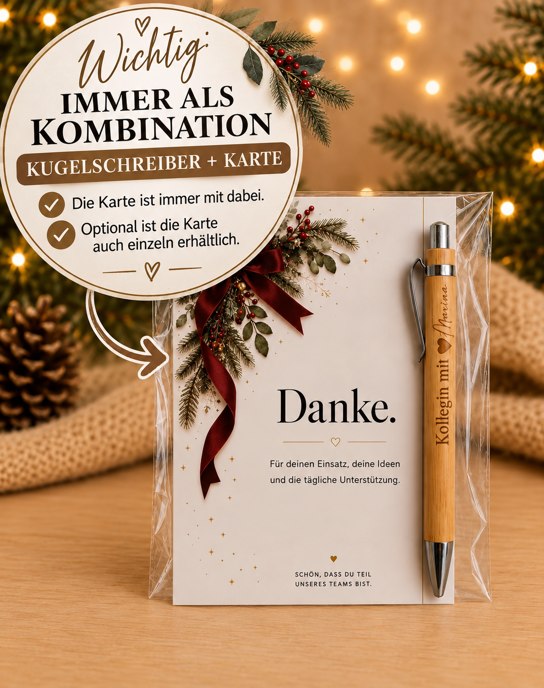 Weihnachtskarte „Danke.“ mit Kugelschreiber im Set, Karte auch einzeln erhältlich