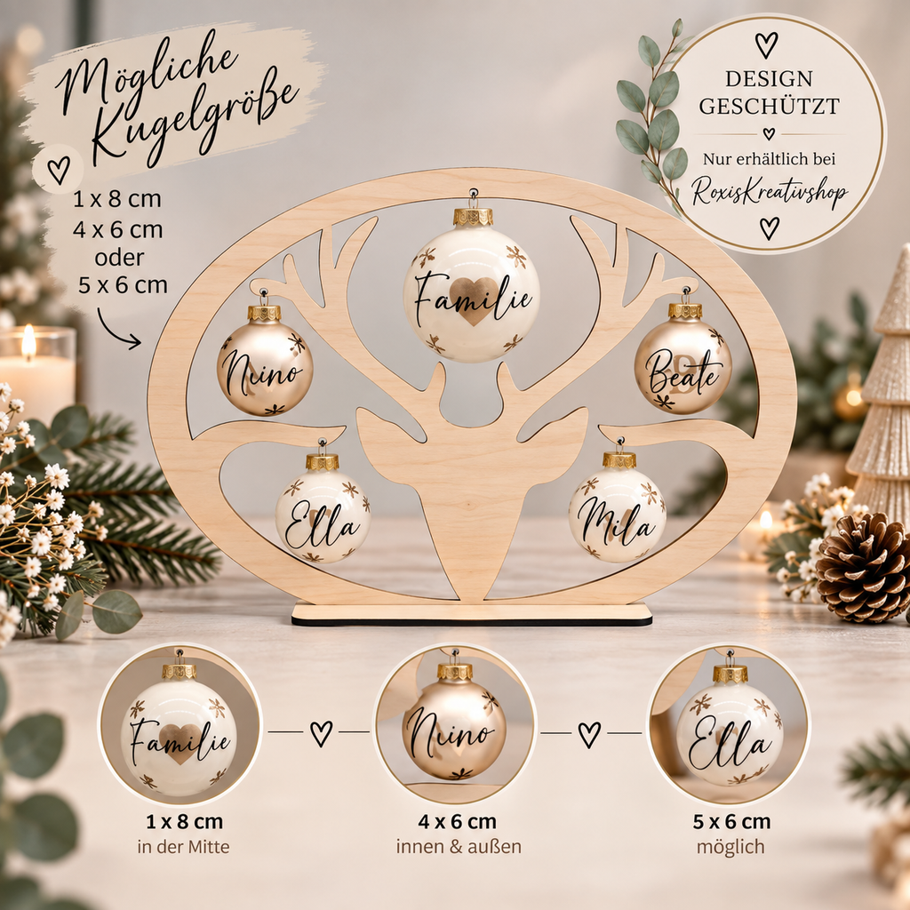 Mögliche Kugelgrößen für den Weihnachtskugelständer: 1 x 8 cm und 4 x 6 cm oder 5 x 6 cm