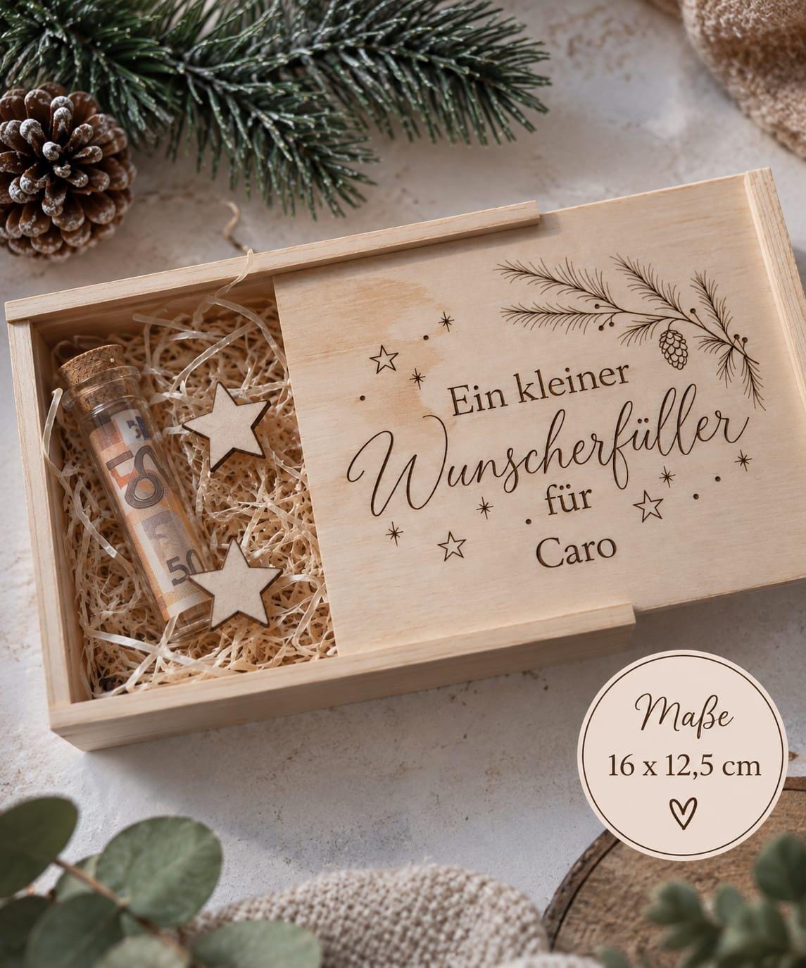 Personalisierte Wunscherfüller-Holzkiste mit Namen, Maße 16 x 12,5 cm