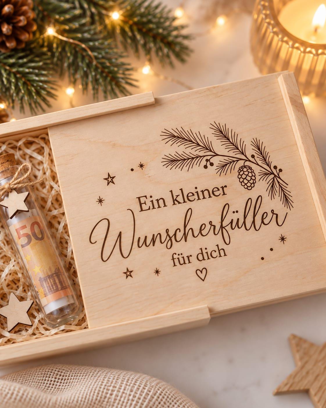 Holzkiste mit Schiebedeckel und Gravur Ein kleiner Wunscherfüller für dich